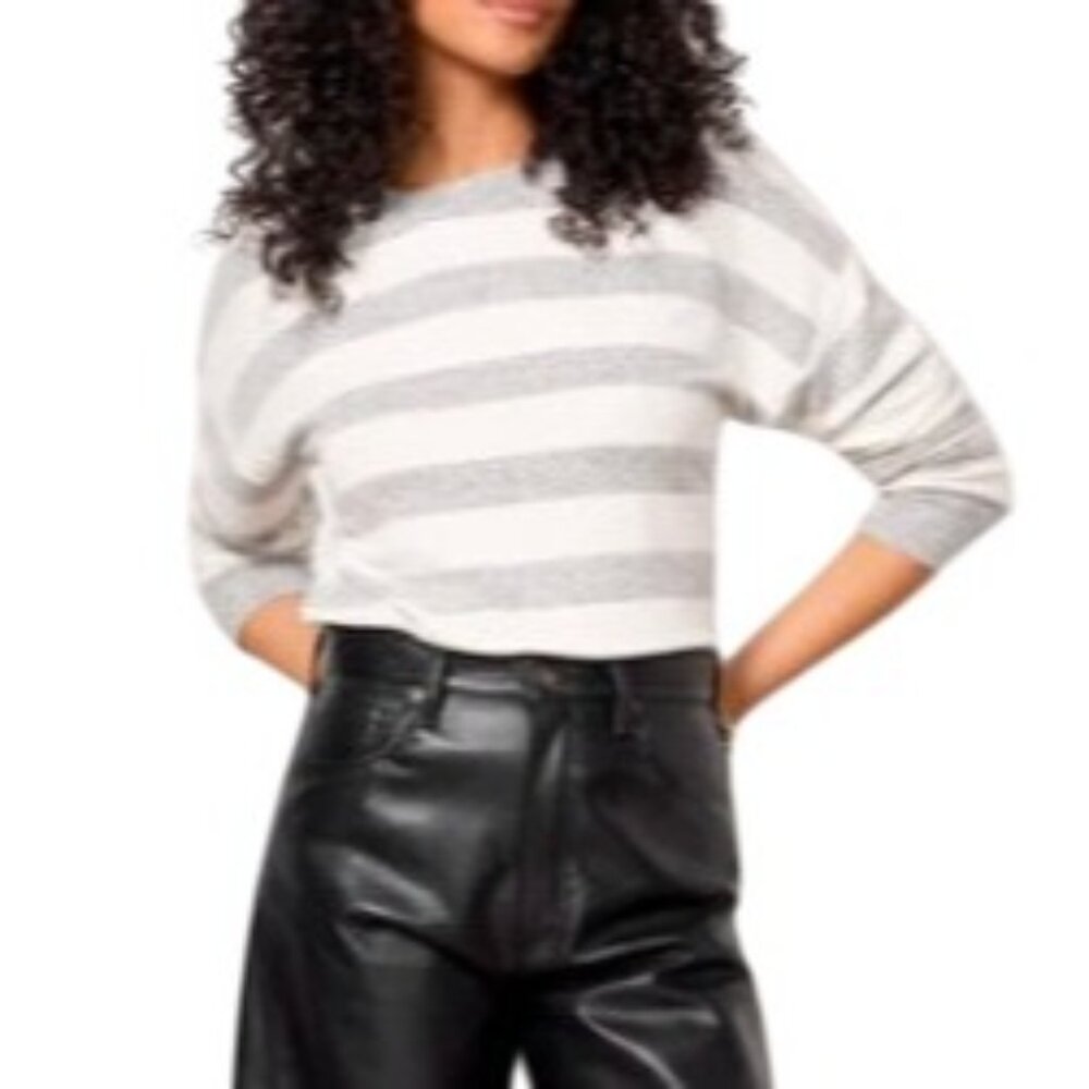 Evereve Women's XL Rayon Blend Pullover Sweater Gray/White Striped Crew Neck